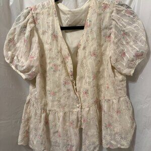 Shein Lace Puff Sleeve Floral Peplum Top, Size Large